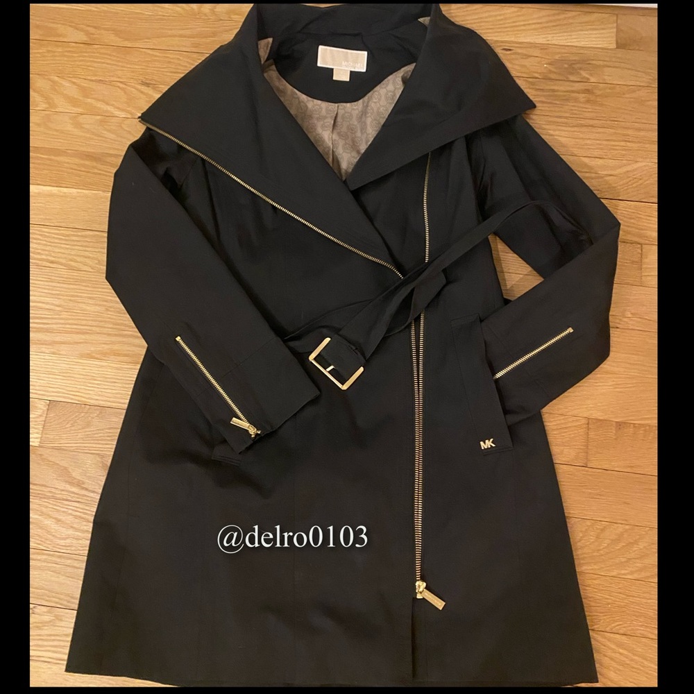MK black asymmetrical trench coat with belt